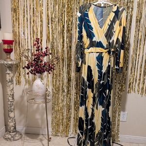 Multicolor Feather Print Wrap Dress
